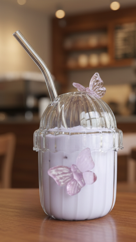 Verre avec paille motifs papillon 400ml ROSE ou bLEU