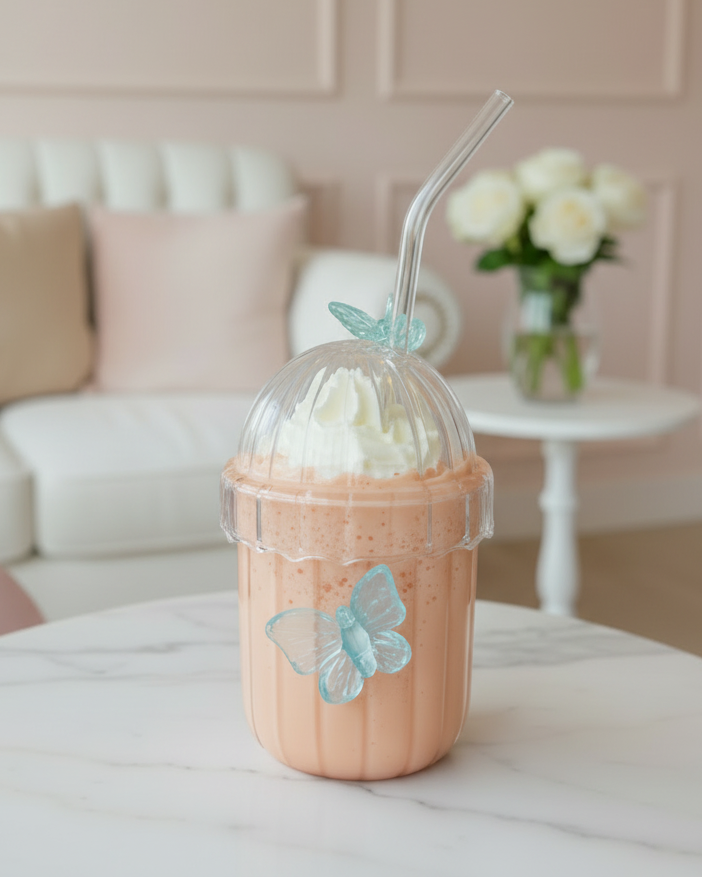 Verre avec paille motifs papillon 400ml ROSE ou bLEU