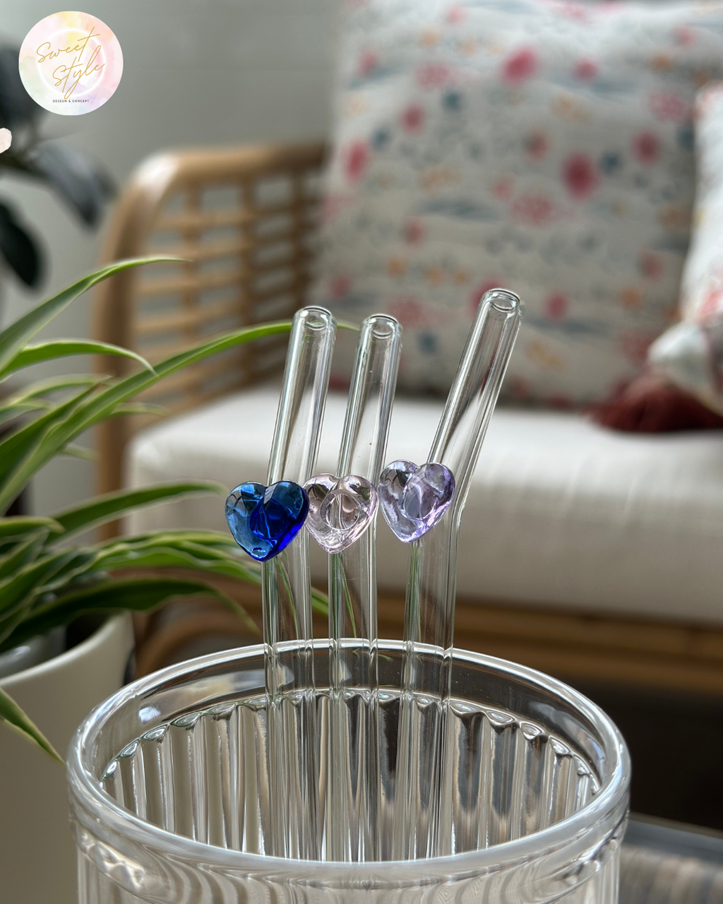 Paille en verre coeur + goupillon + sac