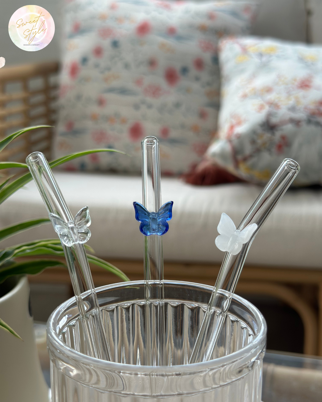 Paille en verre papillon + goupillon + sac