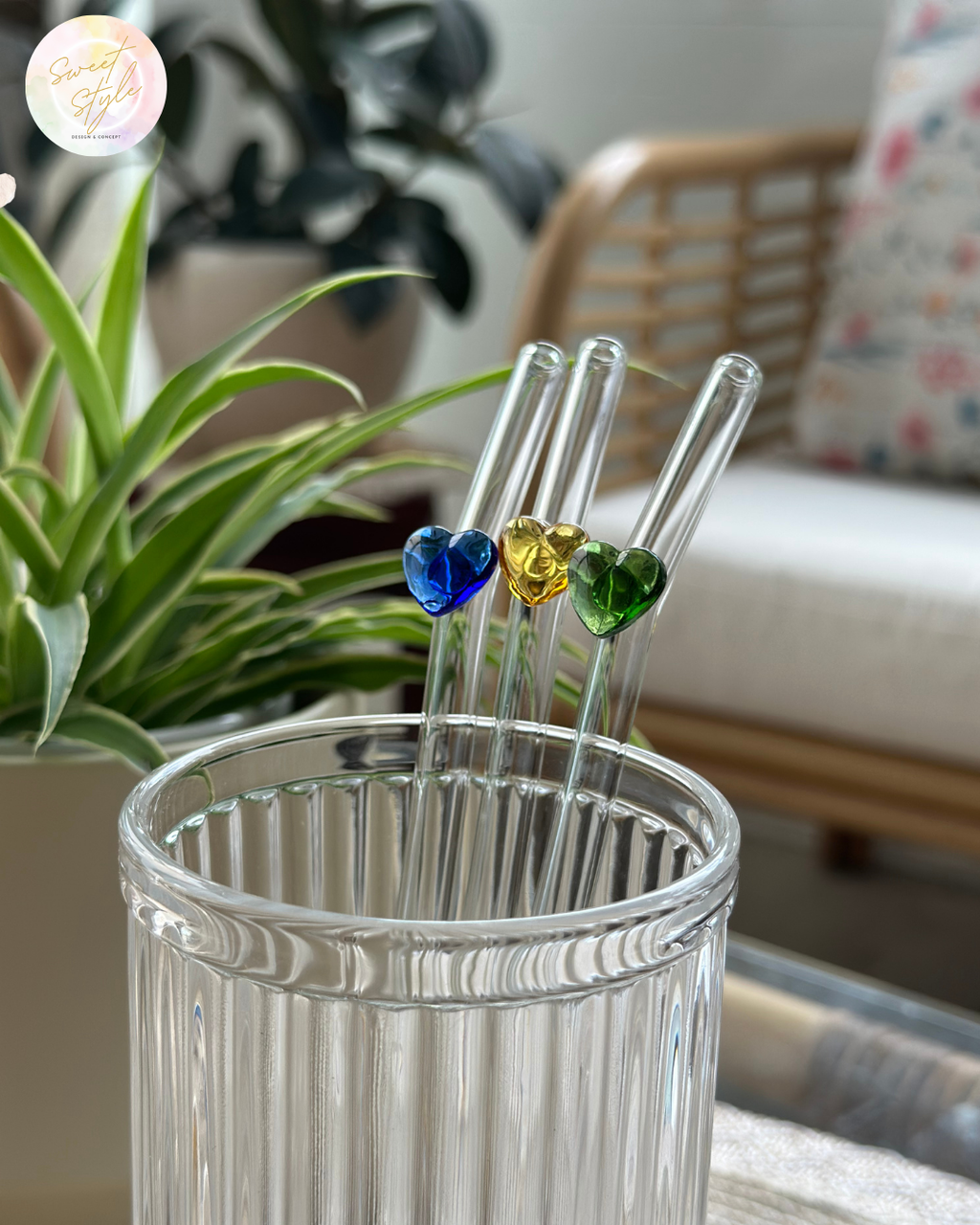 Paille en verre coeur + goupillon + sac