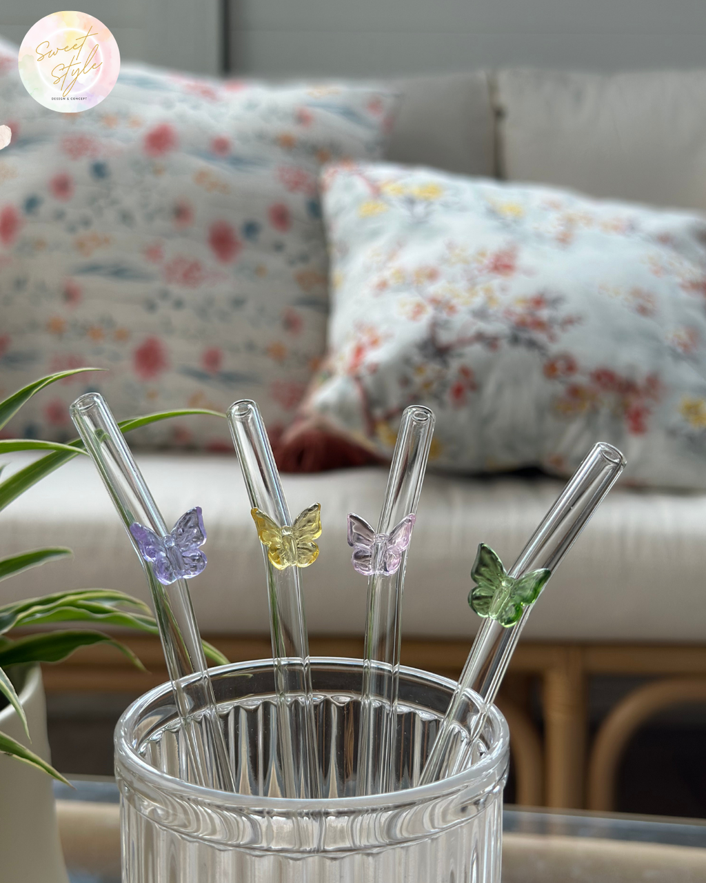 Paille en verre papillon + goupillon + sac