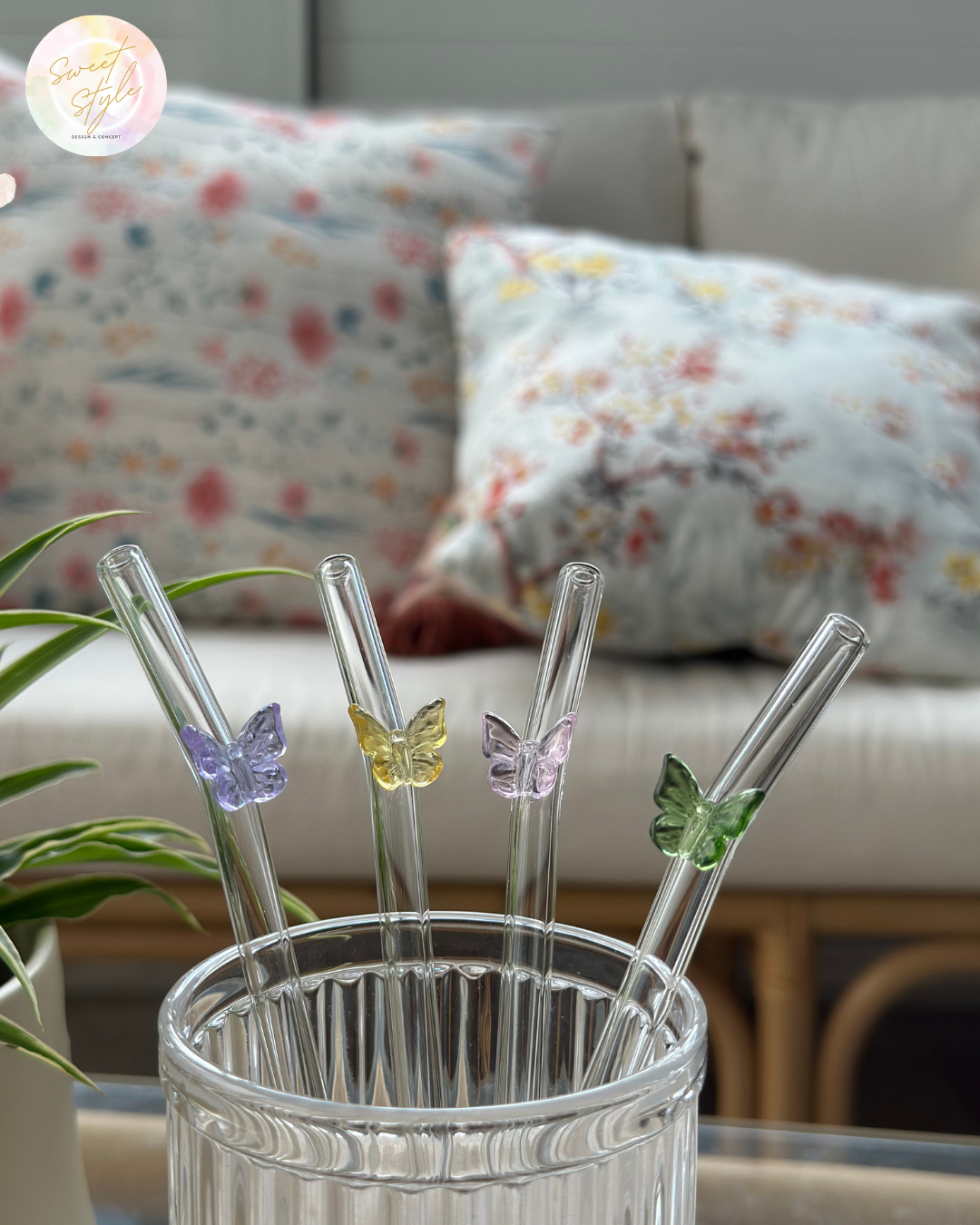 Paille en verre papillon + goupillon + sac