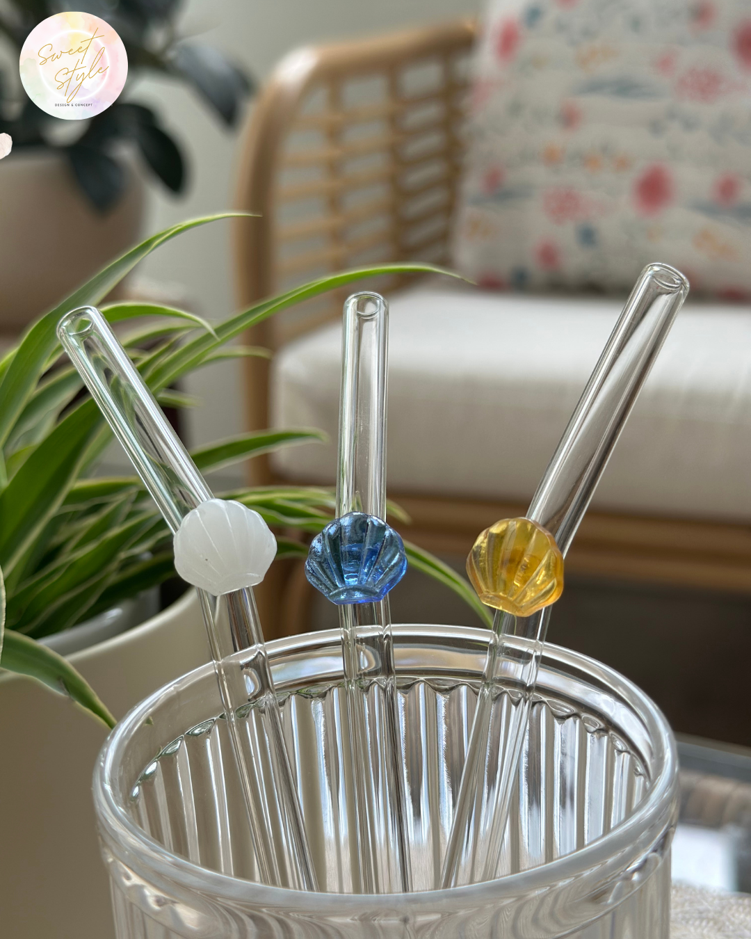 Paille en verre coquillage + goupillon + sac