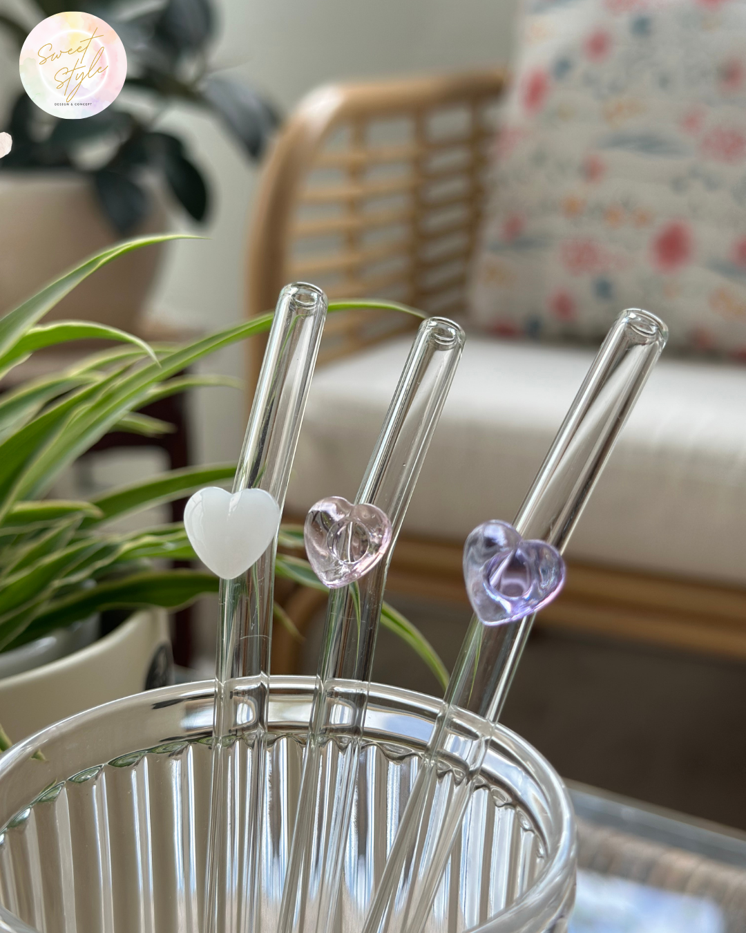 Paille en verre coeur + goupillon + sac