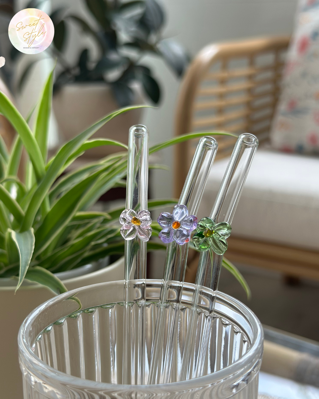 Paille en verre fleur + goupillon + sac