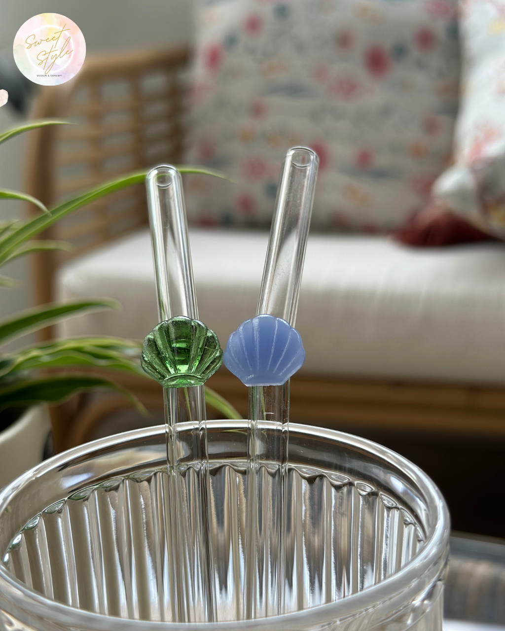 Paille en verre coquillage + goupillon + sac