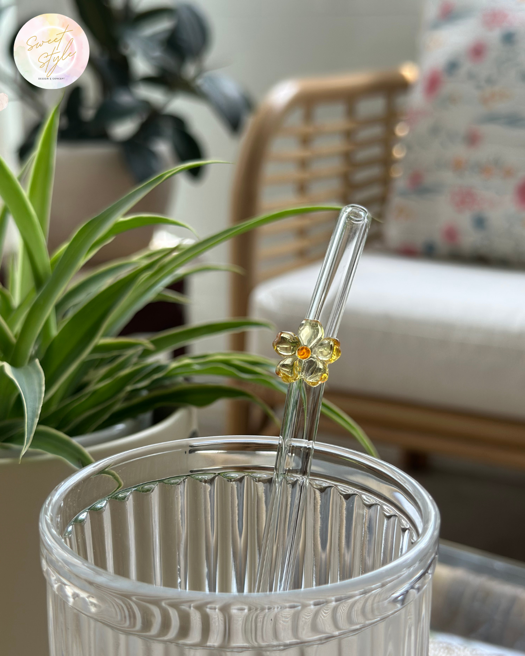 Paille en verre fleur + goupillon + sac