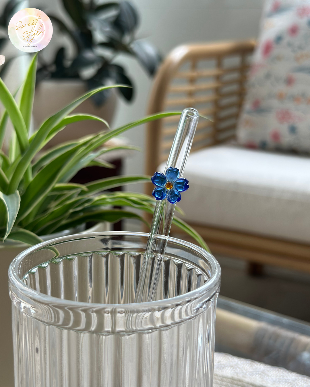 Paille en verre fleur + goupillon + sac