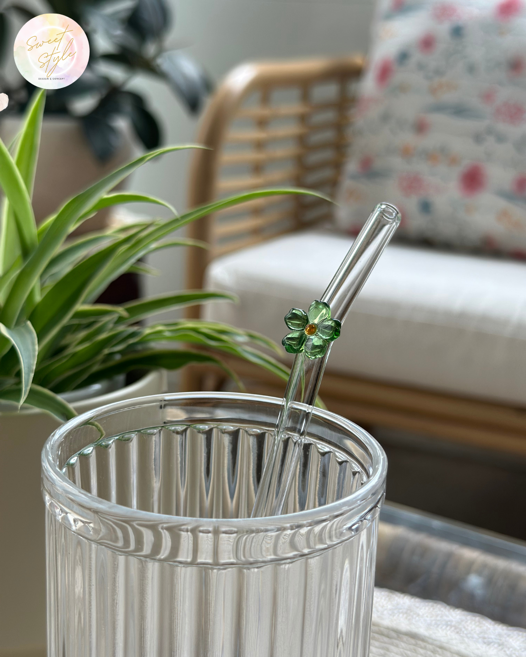 Paille en verre fleur + goupillon + sac