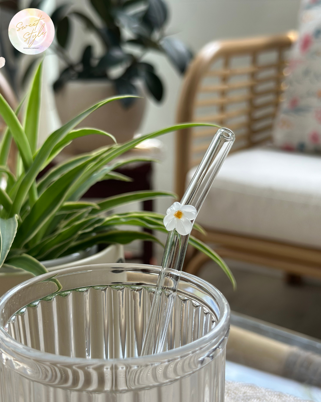 Paille en verre fleur + goupillon + sac