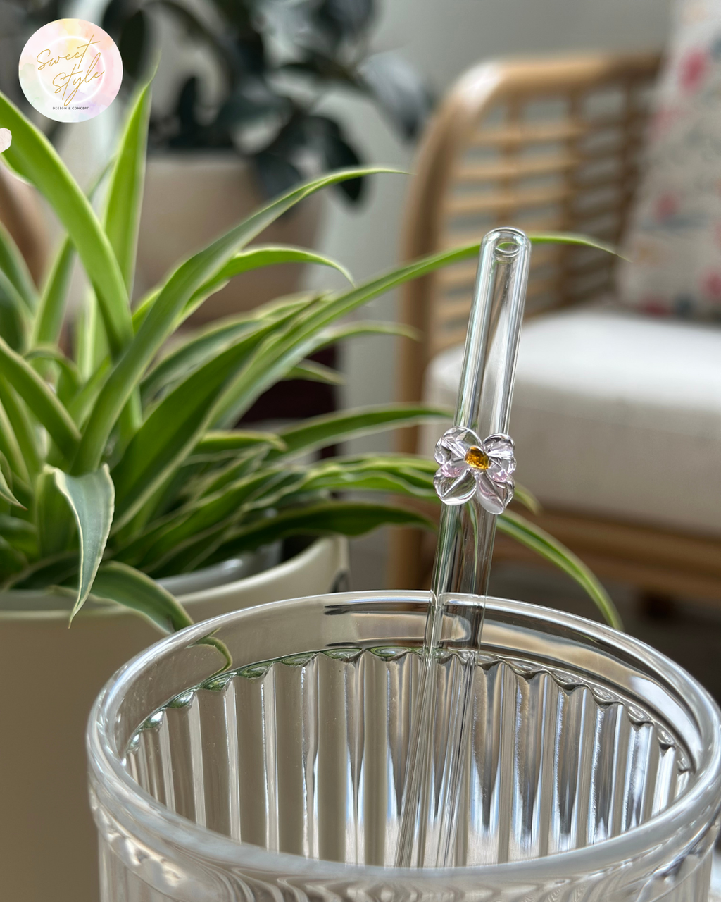 Paille en verre fleur + goupillon + sac