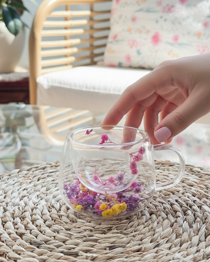 Tasse en Verre Transparent avec Fleurs Séchées