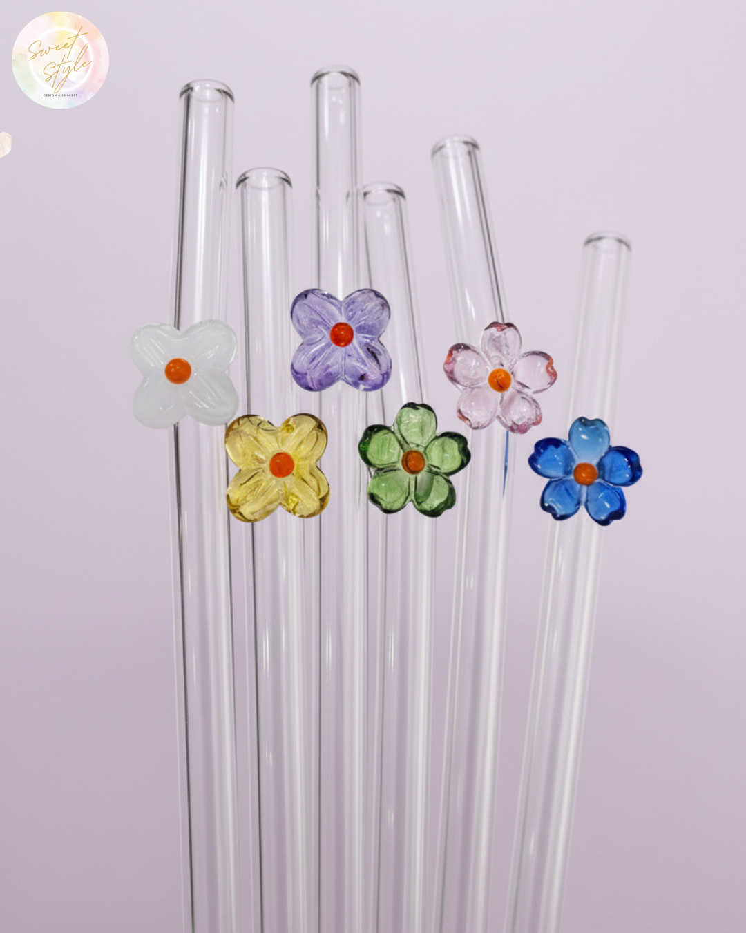 Paille en verre fleur + goupillon + sac