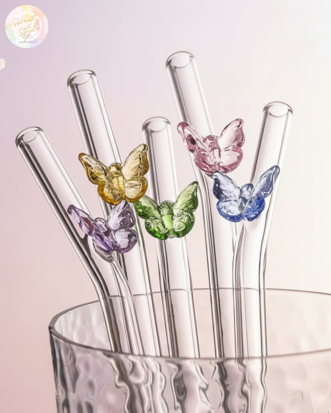 Paille en verre papillon + goupillon + sac