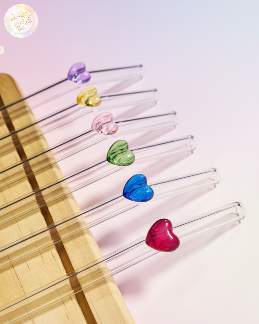 Paille en verre coeur + goupillon + sac