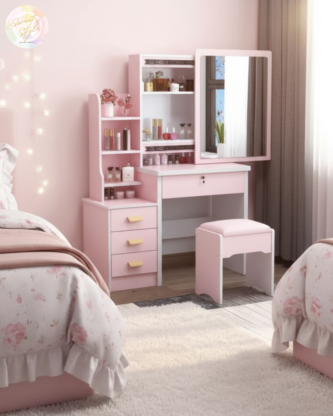 Coiffeuse "Perle" Rose Pastel avec Miroir et Rangements