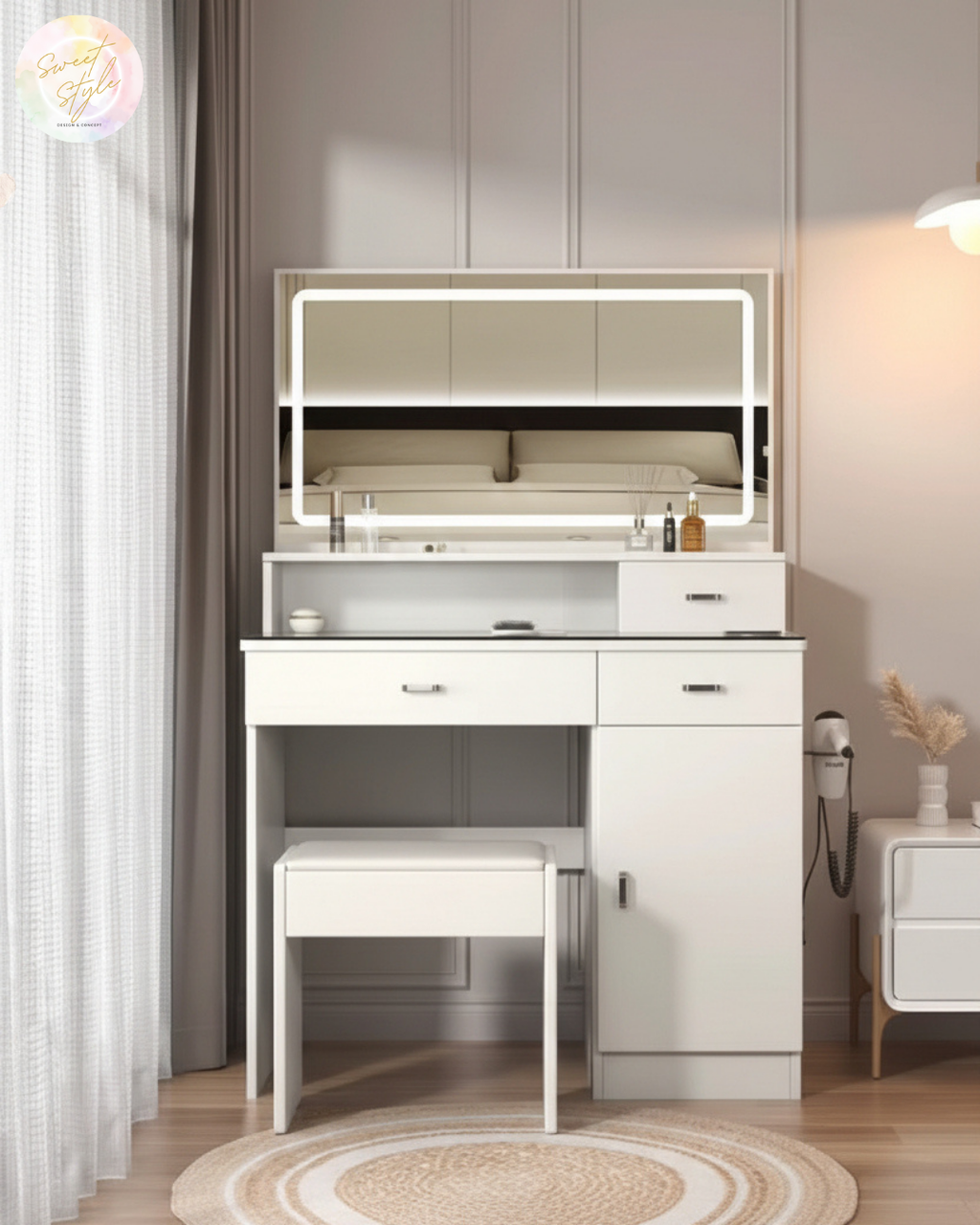 Coiffeuse blanche miroir led