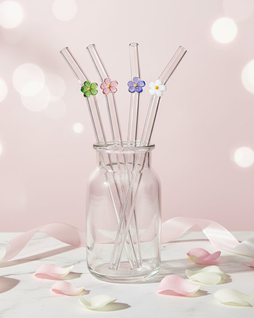 Paille en verre fleur + goupillon + sac
